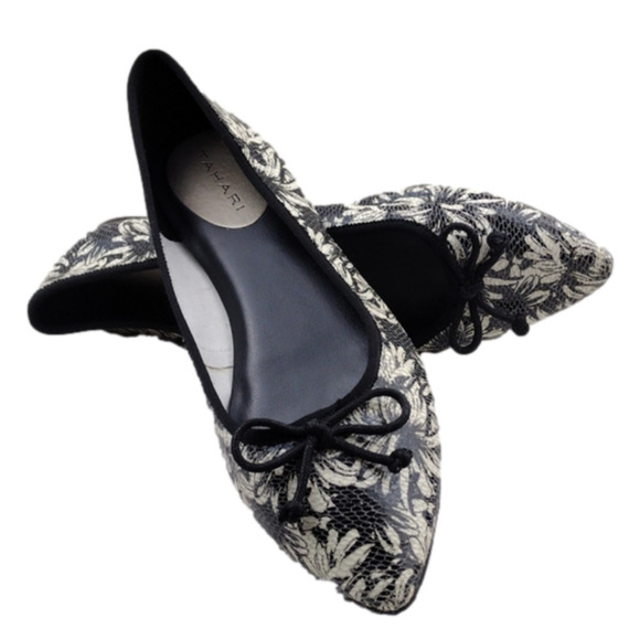 Tahari Shoes - TAHARI Blossom Fabric Black White Floral Snakeskin Pointed Toe Slip On Flats